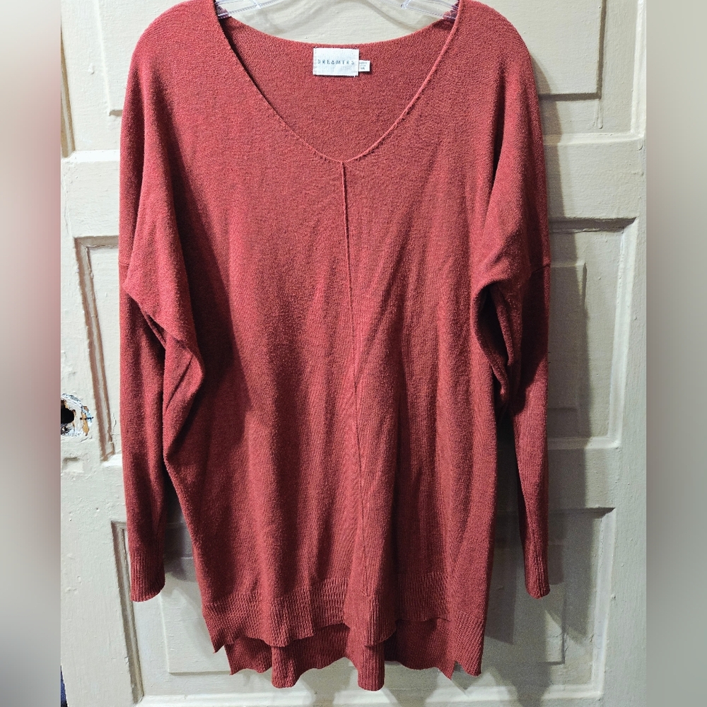 Dreamers V-Neck Front Seam Rust Red Long Sleeve Boho Sweater Top Size: M/L